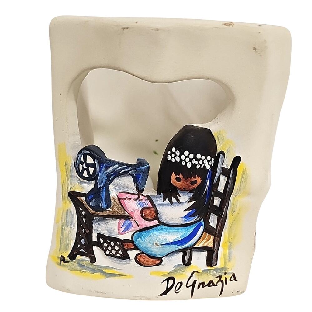 Signed DeGrazia Handpainted Handcrafted in USA Ceramic Art with Sewing Scene